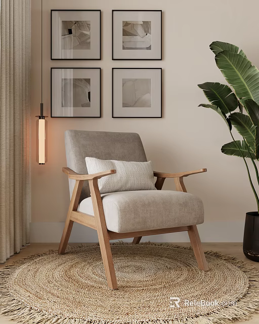 Light Gray Armchair With Wooden Armrests And Cozy Living Room Decor 3d model 
