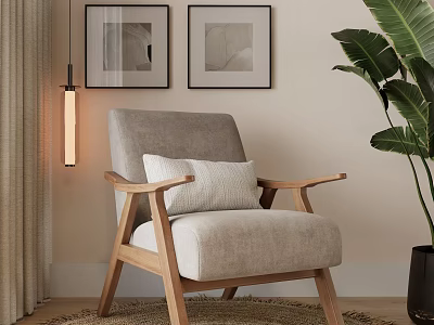 Light Gray Armchair With Wooden Armrests And Cozy Living Room Decor 3d model