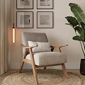 Light Gray Armchair With Wooden Armrests And Cozy Living Room Decor