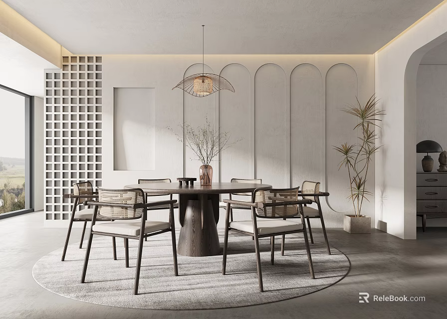 Minimalist Restaurant Dining Area With Round Wooden Table Hanging Lamp And Modern Chairs 3d model 