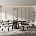 Minimalist Restaurant Dining Area With Round Wooden Table Hanging Lamp And Modern Chairs