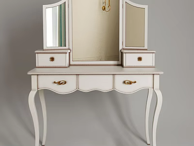 Elegant White Dressing Table with Mirror and Gold Handle Drawer Storage 3d model