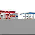 Modern Gas Station Featuring Red White Blue Buildings Convenience Store And Fuel Pumps