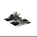 tableware fruit plate green plant vase 3d model