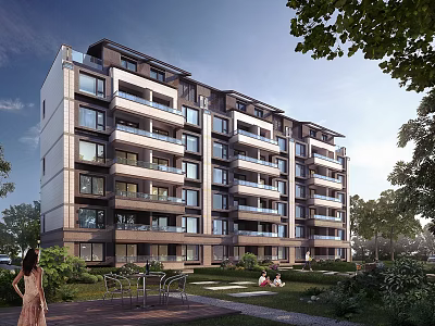 Modern Residential Building with Multiple Balconies Surrounded by Green Lawns Trees and Outdoor Seating Areas 3d model