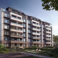 Modern Residential Building with Multiple Balconies Surrounded by Green Lawns Trees and Outdoor Seating Areas