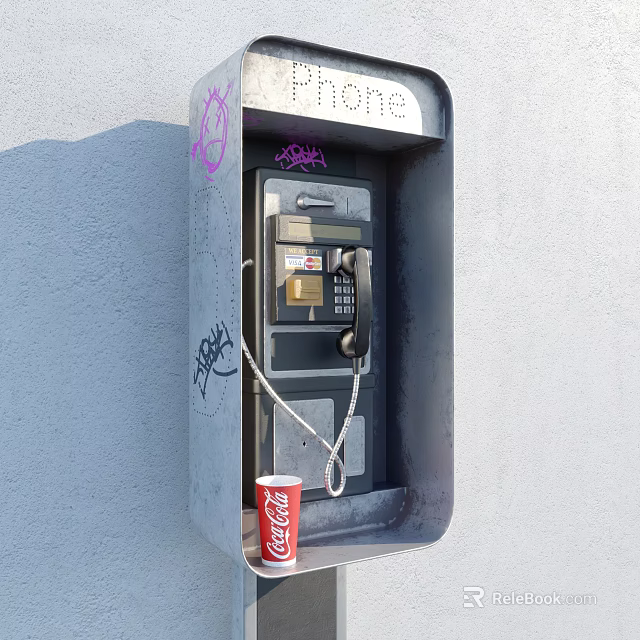 Public Phone Booth With Graffiti And Coca Cola Cup On Gray Wall 3d model 