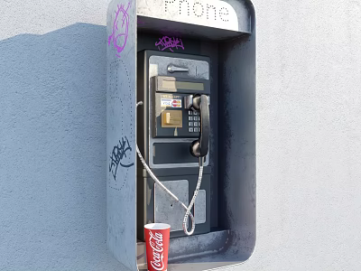 Public Phone Booth With Graffiti And Coca Cola Cup On Gray Wall 3d model