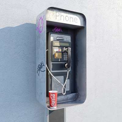 Public Phone Booth With Graffiti And Coca Cola Cup On Gray Wall 3d model