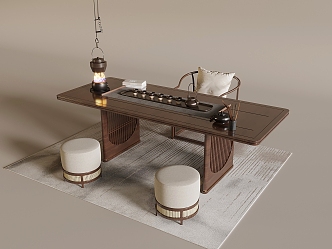 Chinese Tea Table and Chair Combination New Chinese Tea Room Tea Tasting Area Solid Wood Tea Table and Chair Tea Set Hanging Stove for Tea 3d model