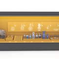 Showcase Shelf With Yellow Background Displaying Various Small Decorative Items And Different Shapes 3d model