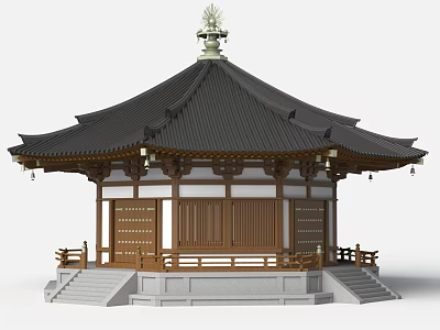 Traditional Pavilion With Black Roof Ornate Finial Wooden Structure And Stone Steps 3d model
