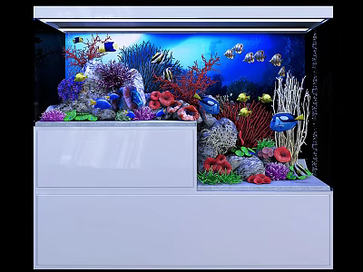 Colorful Aquarium Tank With Coral Reef Fish And White Cabinet Base 3d model