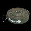 Vintage Military Weapon TM-46 Green Circular Mine With Rusty Surface And Metal Chain