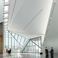 Modern Front Desk Reception in Elegant Lobby with Geometric Wall Glass Windows and Staircase
