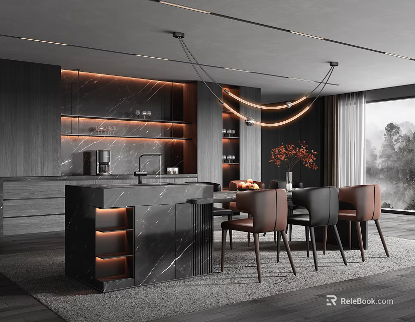 Modern Restaurant Interior Design With Marble Dining Counter Hanging Chandelier Leather Chairs And Large Windows 3d model 