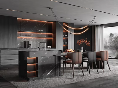 Modern Restaurant Interior Design With Marble Dining Counter Hanging Chandelier Leather Chairs And Large Windows 3d model