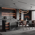 Modern Restaurant Interior Design With Marble Dining Counter Hanging Chandelier Leather Chairs And Large Windows