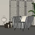 Black and White Striped Single Sofa With Floor Lamp Geometric Screen And Large Green Plant