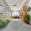 Spacious Meeting Room Interior With Long Conference Table Black Chairs Wooden Bookshelves And Red Flag