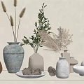 Decorative Vases With Pampas Grass Olive Branches And Pine Cones On Neutral Background