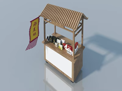 Wooden Swing Door For Street Vendor Stall With Traditional Roof And Display Products 3d model