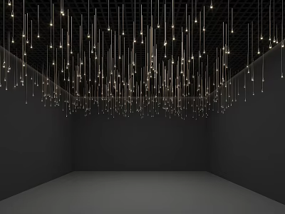 Modern Illuminated Pendant Lights Hanging From Black Grid Ceiling In Minimalist Room 3d model