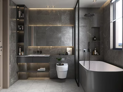 Modern Bathroom Interior With Marble Walls Double Vanity Bathtub And Walk-in Shower 3d model