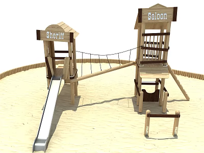 Wooden Playground Equipment With Sheriff Saloon Towers Slide Rope And Sand Area 3d model