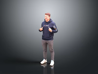 Smiling Man Wearing Blue Hoodie Gray Pants White Sneakers Giving Thumbs Up Against Gray Background 3d model