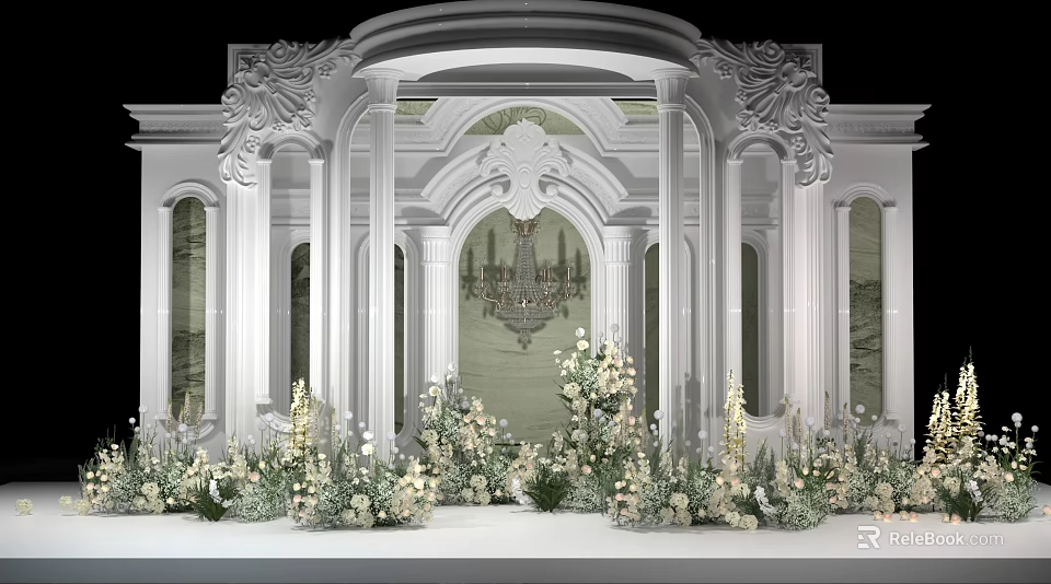 Elegant Luxurious Banquet Hall Interior With Carved Archway Crystal Chandelier And Floral Arrangements 3d model 