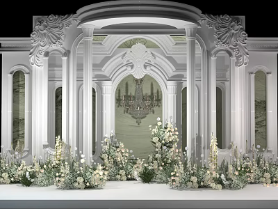 Elegant Luxurious Banquet Hall Interior With Carved Archway Crystal Chandelier And Floral Arrangements 3d model