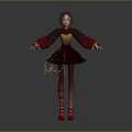 Child Wearing Red Brown Dress With Yellow Top Red Long Sleeves And Red Shoes