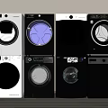 Four Modern Front Load Washing Machines with White and Black Stylish Designs