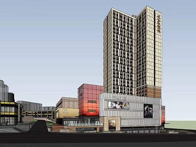 Modern Commercial Complex With High Rise Tower Glass Facade And Shopping Mall 3d model