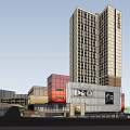Modern Commercial Complex With High Rise Tower Glass Facade And Shopping Mall