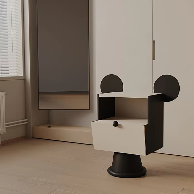 Modern Black And White Bedside Table With Circular Decorative Ears And Drawer 3d model