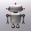 Vintage Metallic Robot Character With Big Eyes Red Buttons And Mechanical Arms