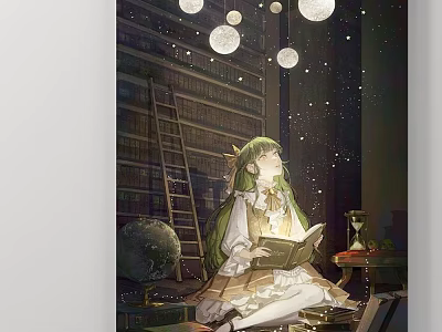 Abstract Painting Featuring Girl Reading Book With Bookshelves Globe Hourglass Glowing Spheres And Starry Background 3d model