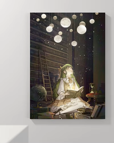 Abstract Painting Featuring Girl Reading Book With Bookshelves Globe Hourglass Glowing Spheres And Starry Background 3d model