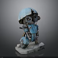 Blue Robot Figure With Large Mechanical Eyes And Worn Parts Standing On White Base