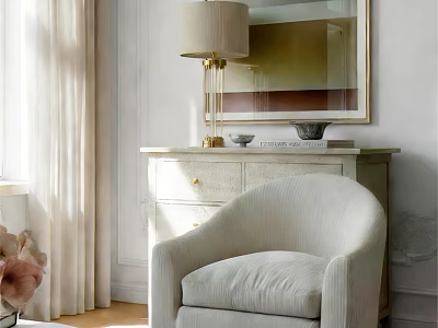 Stylish Light Colored Single Sofa With Soft Cushion Console Table And Table Lamp 3d model