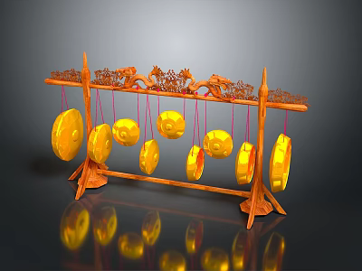Traditional Wooden Frame Hanging Chimes With Yellow Circular Components And Decorative Carvings 3d model