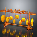 Traditional Wooden Frame Hanging Chimes With Yellow Circular Components And Decorative Carvings