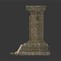 Modern Setting Showcasing Ancient Ruined Brick Pillar With Stone Base Wooden Logs And Grass