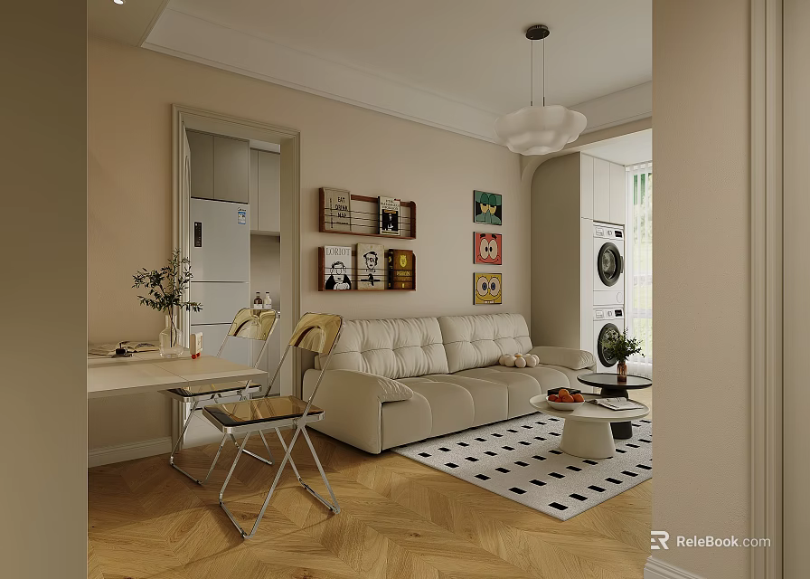 Modern Living and Dining Room With Beige Sofa Wooden Floor Chandelier And Decorative Paintings 3d model 