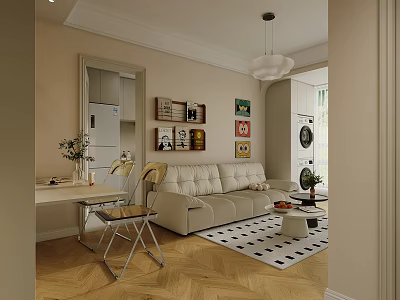 Modern Living and Dining Room With Beige Sofa Wooden Floor Chandelier And Decorative Paintings 3d model