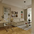 Modern Living and Dining Room With Beige Sofa Wooden Floor Chandelier And Decorative Paintings