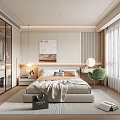 Modern Bedroom Interior With Large Bed Wardrobe Green Chair Window And Area Rug