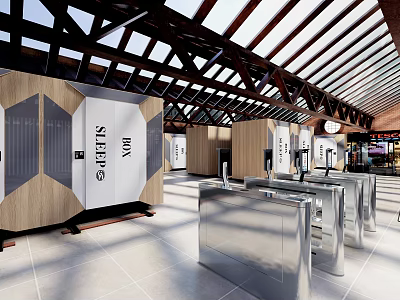 Modern Entry Hall Space With Wooden Panels Metal Structures And Glass Roof Design 3d model